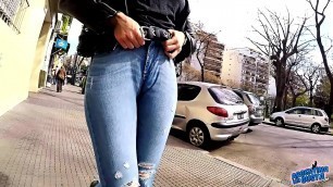 Big Ass Big Hips and Cameltoe Brunette Babe In Tight Jeans in Public