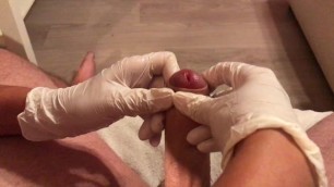 Wife in Doctor Gloves gives best Sloppy Handjob with Cum Blast